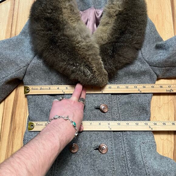 VINTAGE 70s Wool Peacoat Size S Fox Fur Collar Belted Hollywood Double Breasted - Picture 2 of 9
